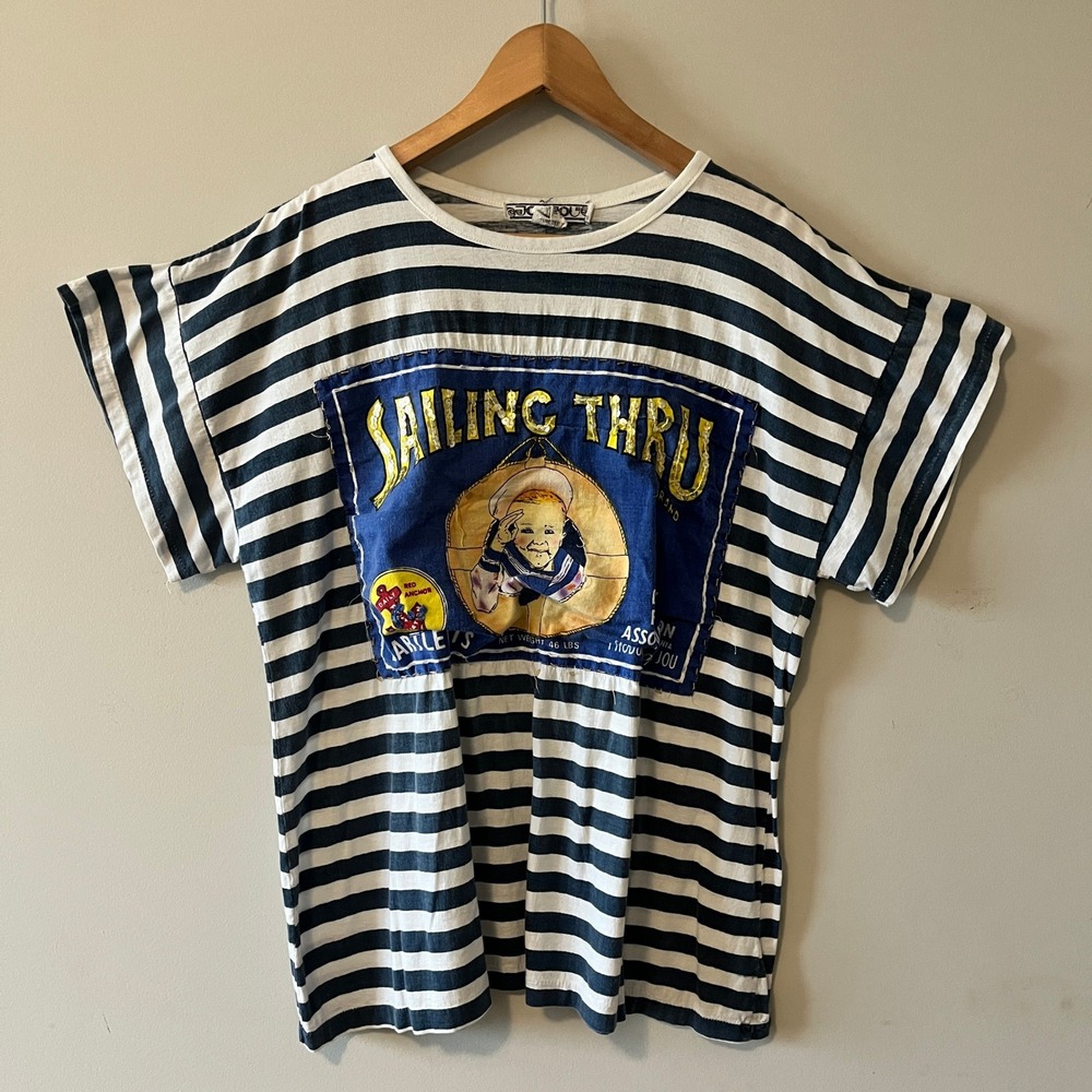 JouJou Vintage 1987 Sailing Thru Striped T-Shirt Nautical Blue OSFM Sequin Patch